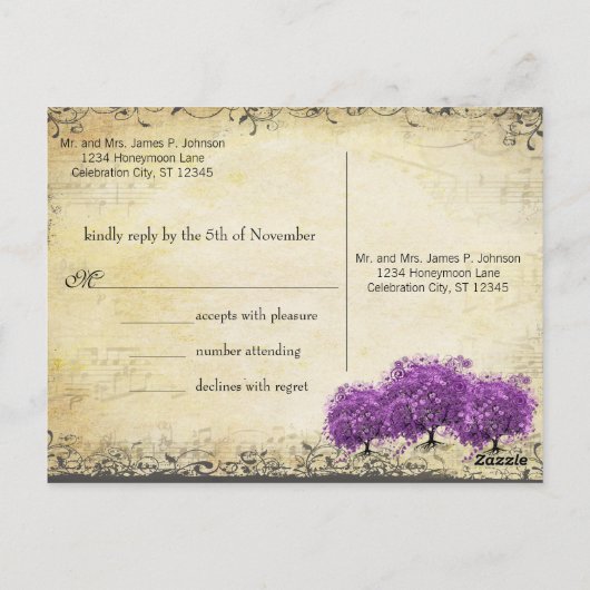 Radiant Paars Heart Leaf Tree Wedding Briefkaart (Achterkant)