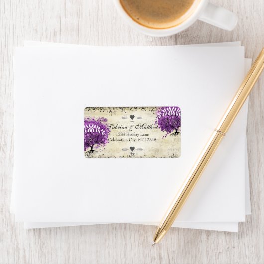 Radiant Paars Heart Leaf Tree Wedding Etiket (Insitu)