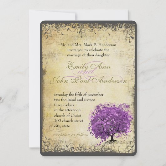 Radiant Paars Heart Leaf Tree Wedding Kaart (Achterkant)