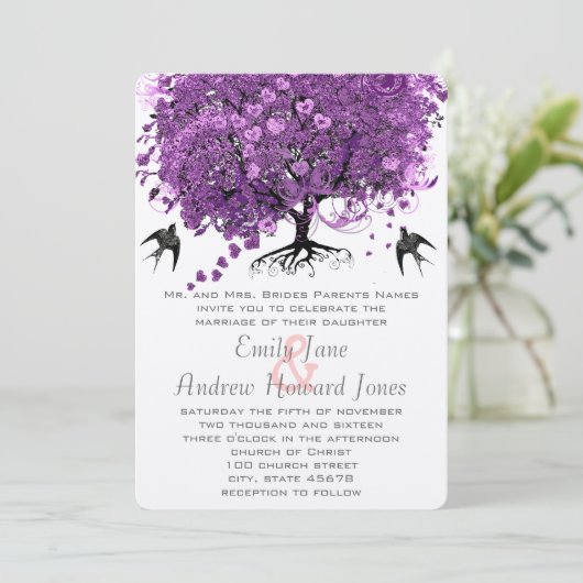 Radiant Paars Heart Leaf Tree Wedding Kaart (Staand voorkant)