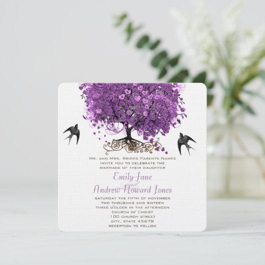 Radiant Paars Heart Leaf Tree Wedding Kaart (Staand voorkant)