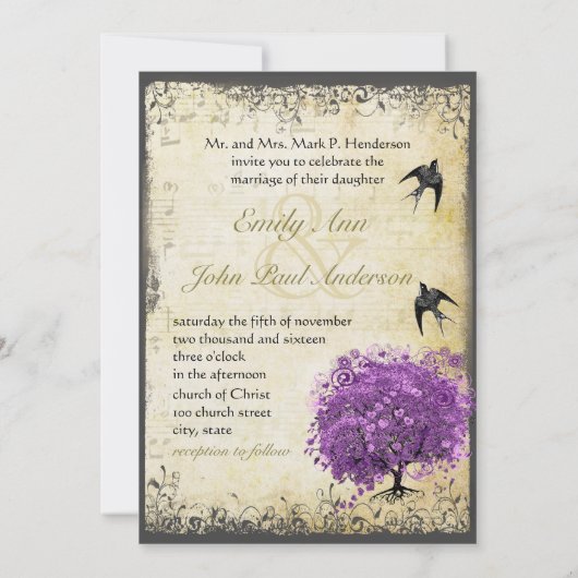 Radiant Paars Heart Leaf Tree Wedding Kaart (Achterkant)