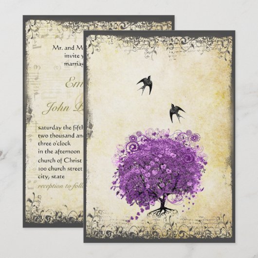 Radiant Paars Heart Leaf Tree Wedding Kaart (Voorkant / Achterkant)