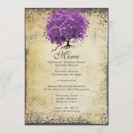 Radiant Paars Heart Leaf Tree Wedding Menu (Voorkant)