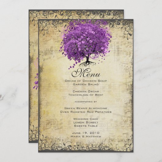 Radiant Paars Heart Leaf Tree Wedding Menu (Voorkant / Achterkant)