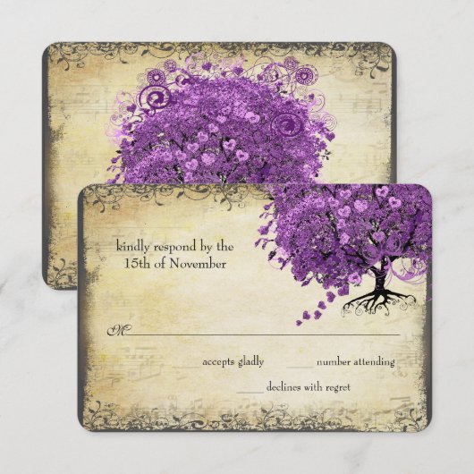 Radiant Paars Heart Leaf Tree Wedding RSVP Kaartje (Voorkant / Achterkant)