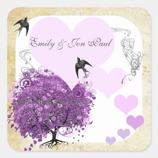 Radiant Paars Heart Leaf Tree Wedding Vierkante Sticker (Voorkant)