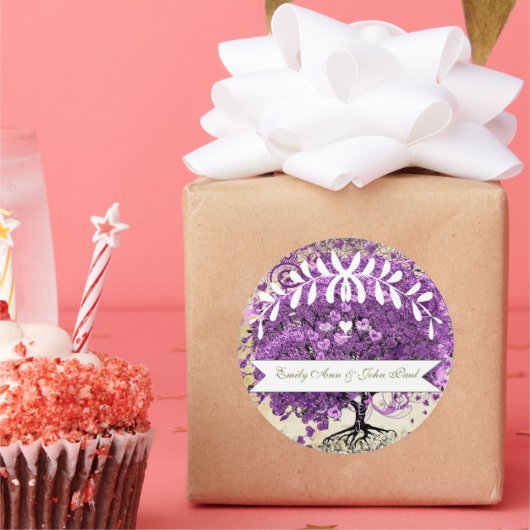 Radiant Paars-Romantic Heart Leaf Wedding Ronde Sticker (Feest)