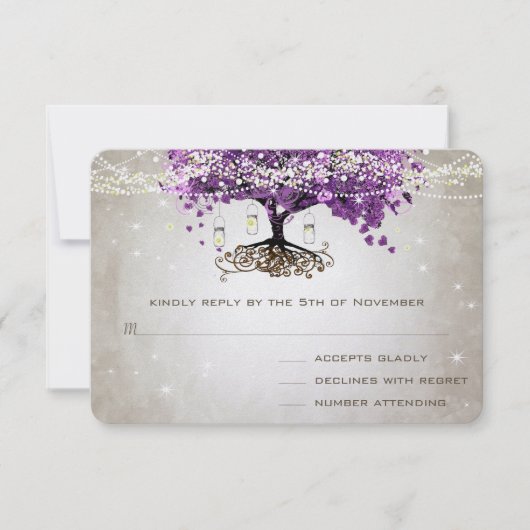 Radiant Paars-Romantic Heart Leaf Wedding RSVP Kaartje (Voorkant)