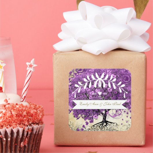 Radiant Paars-Romantic Heart Leaf Wedding Vierkante Sticker (Feest)