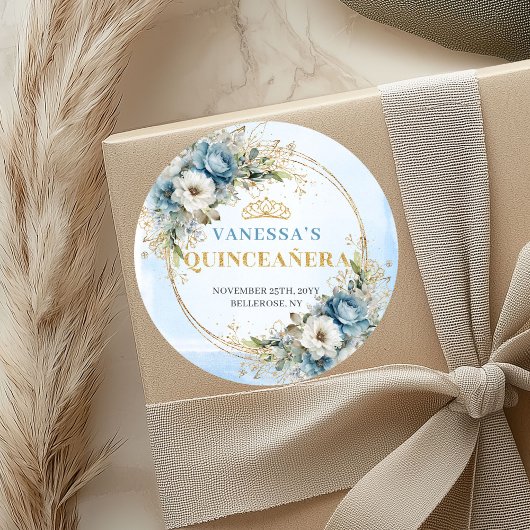 Radiant Pastel Blue Gold Eucalyptus Quinceañera  Ronde Sticker
