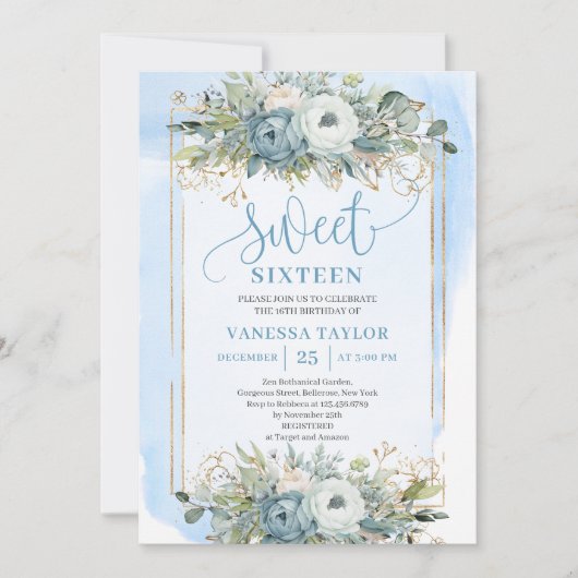 Radiant Pastel Blue White Peonies Sweet 16 Invite Kaart (Voorkant)