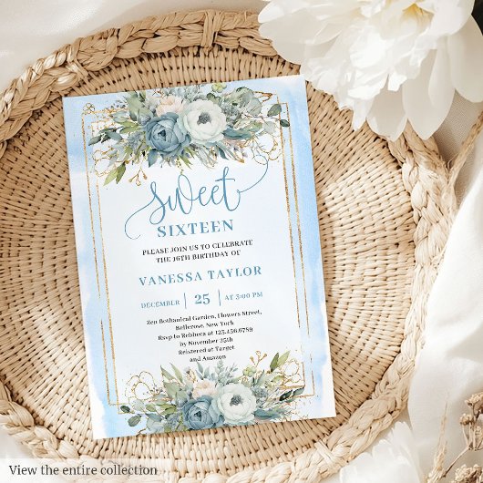Radiant Pastel Blue White Peonies Sweet 16 Invite Kaart