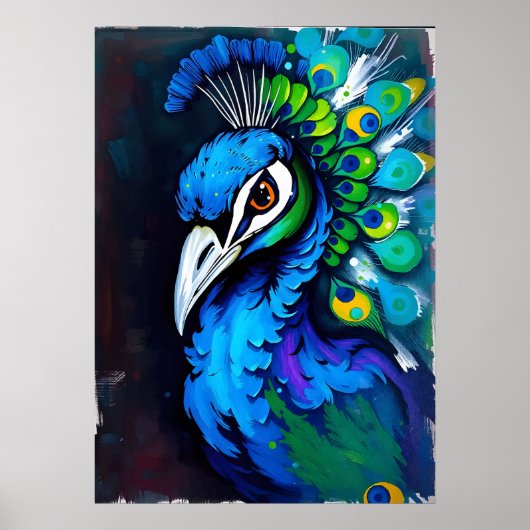 Radiant Peacock Splash Art – Kleurrijke vogelkunst Poster (Voorkant)