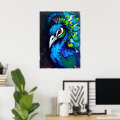 Radiant Peacock Splash Art – Kleurrijke vogelkunst Poster (Thuiskantoor)