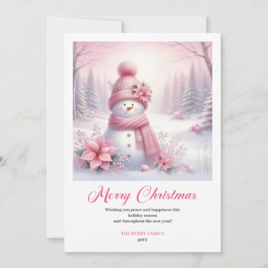 Radiant pink snowman winter kids card digital file feestdagenkaart (Voorkant)