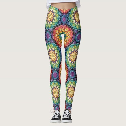Radiant Rainbow Mandala Mosaic – Stained Glass Leggings (Voorkant)