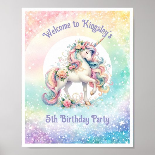 Radiant Rainbow Unicorn Verjaardag Welkom Teken Poster (Voorkant)