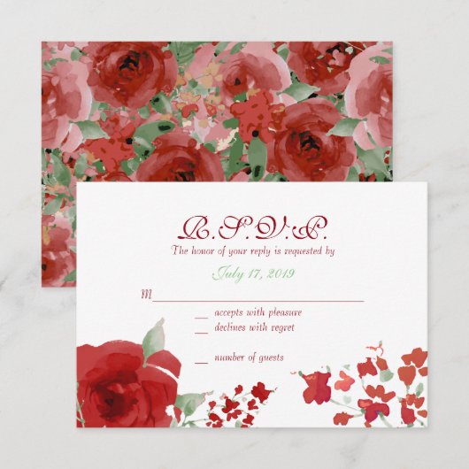 Radiant Red Waterverf Roos Response Kaarten RSVP Kaartje (Voorkant / Achterkant)