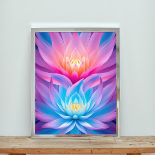 Radiant Reflections: Een Dans van Kleurrijke Lotus Foto Afdruk