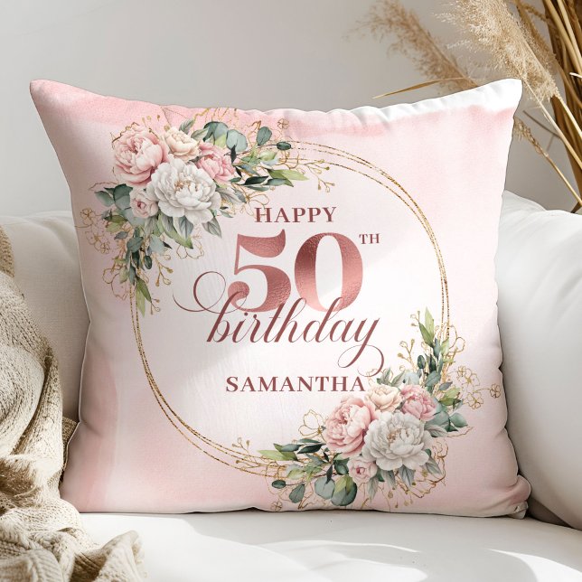 Radiant Rose Gold Greenery 50th Birthday Personal Kussen (Radiant Rose Gold Greenery 50th Birthday Personalized Gift

)