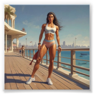 Radiant Sportief Vrouw Bodybuilder Striking A Pose Foto Afdruk