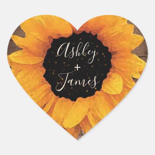 Radiant Sunflower Rustic Wedding Names Monogram Hart Sticker (Voorkant)