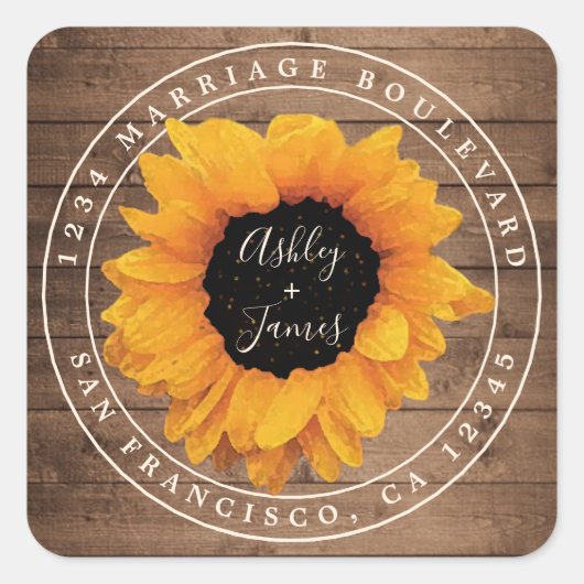 Radiant Sunflower Rustic Wedding Return Address Vierkante Sticker (Voorkant)