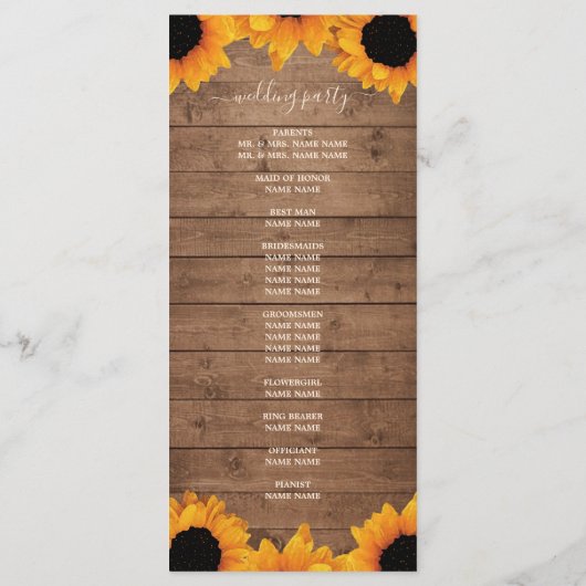 Radiant Sunflower Rustic Wood Wedding Programmakaart (Achterkant)