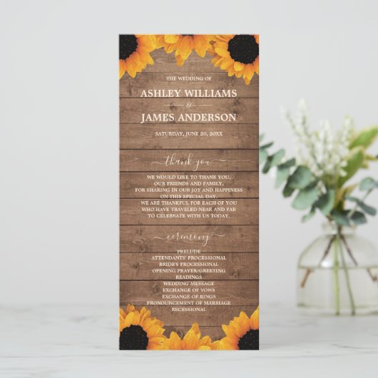 Radiant Sunflower Rustic Wood Wedding Programmakaart (Staand voorkant)