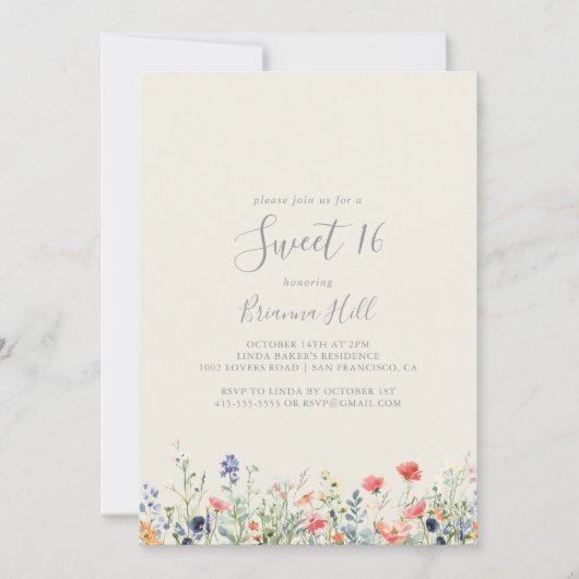 Radiant Wildflower Sweet 16 Verjaardagsfeest Kaart (Voorkant)