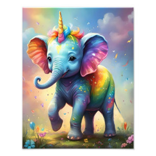 Radiant Wonders: De Regenboog Baby Eenhoorn Olifan Foto Afdruk