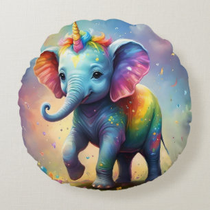 Radiant Wonders: De Regenboog Baby Eenhoorn Olifan Rond Kussen