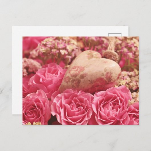 Radiante roze rozen en hart briefkaart (Voorkant / Achterkant)