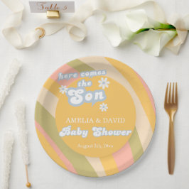 Radiate Pastel Retro Hier komt de Son Baby Showe Papieren Bordje