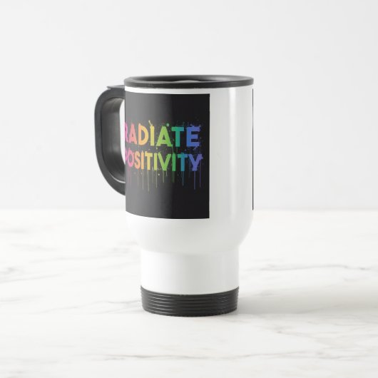 "Radiate Positivity" Travel Koffiebeker Reisbeker (Voorkant links)