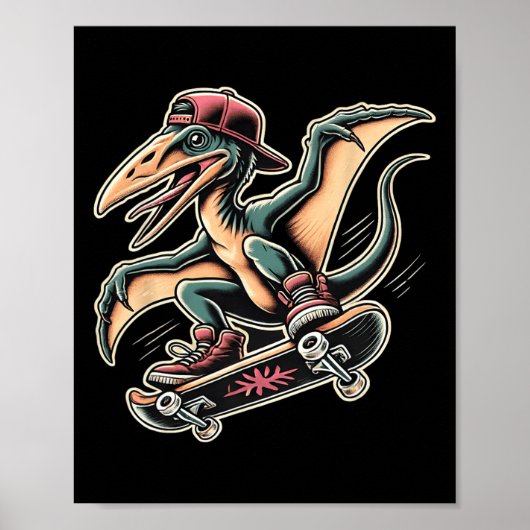 Radicale Skateboardende Pterodactylus Dinosaur Car Poster (Voorkant)