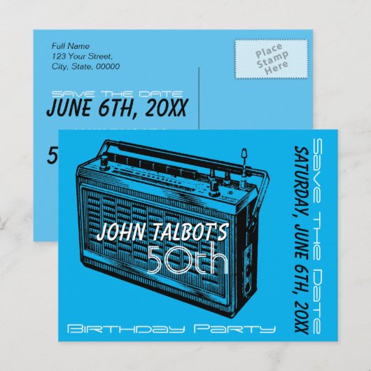 Radio 50ste verjaardagsfeest Save the Date Aankondigingskaart (Voorkant / Achterkant)