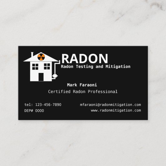 Radon Testen en Mitigatie Bedrijf Visitekaartje (Voorkant)