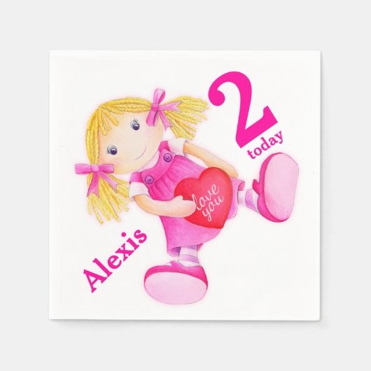 Rag doll art meisjes 2e verjaardag napkins servetten (Voorkant)