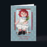 Rag Doll Friend Kaart<br><div class="desc">Vintage rag doll with daisy bouquet in slit corner red frame for birthday. Customize card with any name.</div>