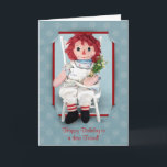 Rag Doll Friend Kaart<br><div class="desc">Vintage rag doll with daisy bouquet in slit corner red frame for birthday. Customize card with any name.</div>