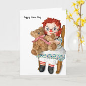 Rag-pop en teddy-beer-dag kaart (Gele Bloem)