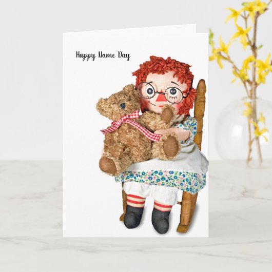 Rag-pop en teddy-beer-dag kaart (Gele Bloem)