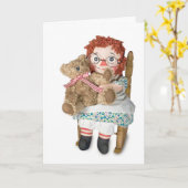 Rag pop en teddybeer verjaardag kaart (Gele Bloem)