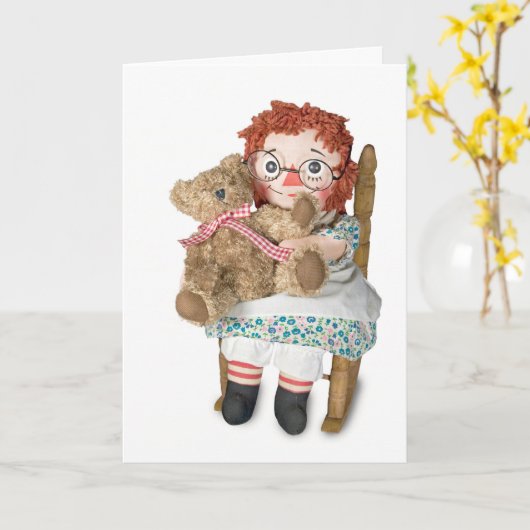 Rag pop en teddybeer verjaardag kaart (Gele Bloem)