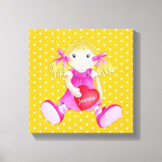 Rag pop meisjes gepersonaliseerde gele kinderkamer canvas afdruk (Voorkant)