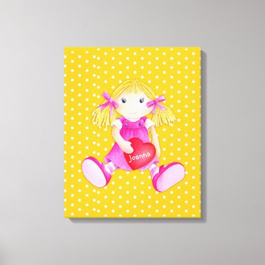 Rag pop meisjes gepersonaliseerde gele kinderkamer canvas afdruk (Voorkant)