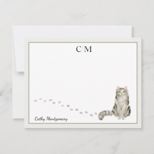 Ragamuffin Cat Gray Border Monogram Naam Opmerking Notitiekaartje (Voorkant)
