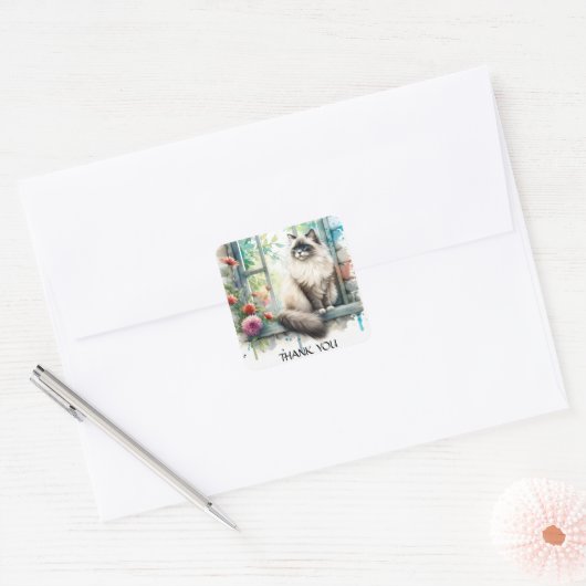 Ragdoll Beige Schattige Cat in Window Zomerbloemen Vierkante Sticker (Envelop)